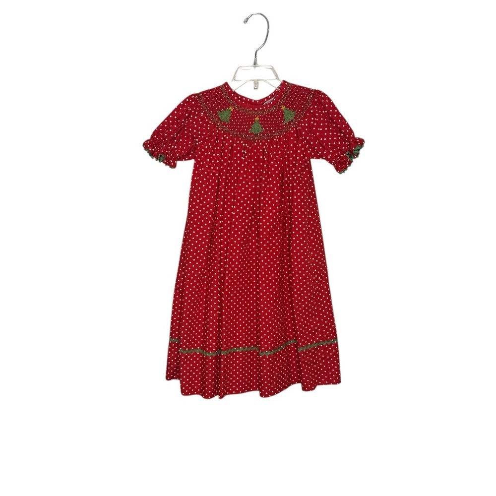 Shrimp & Grits Kids Red & White Polka Dot Smocked Christmas Tree Dress size 2T